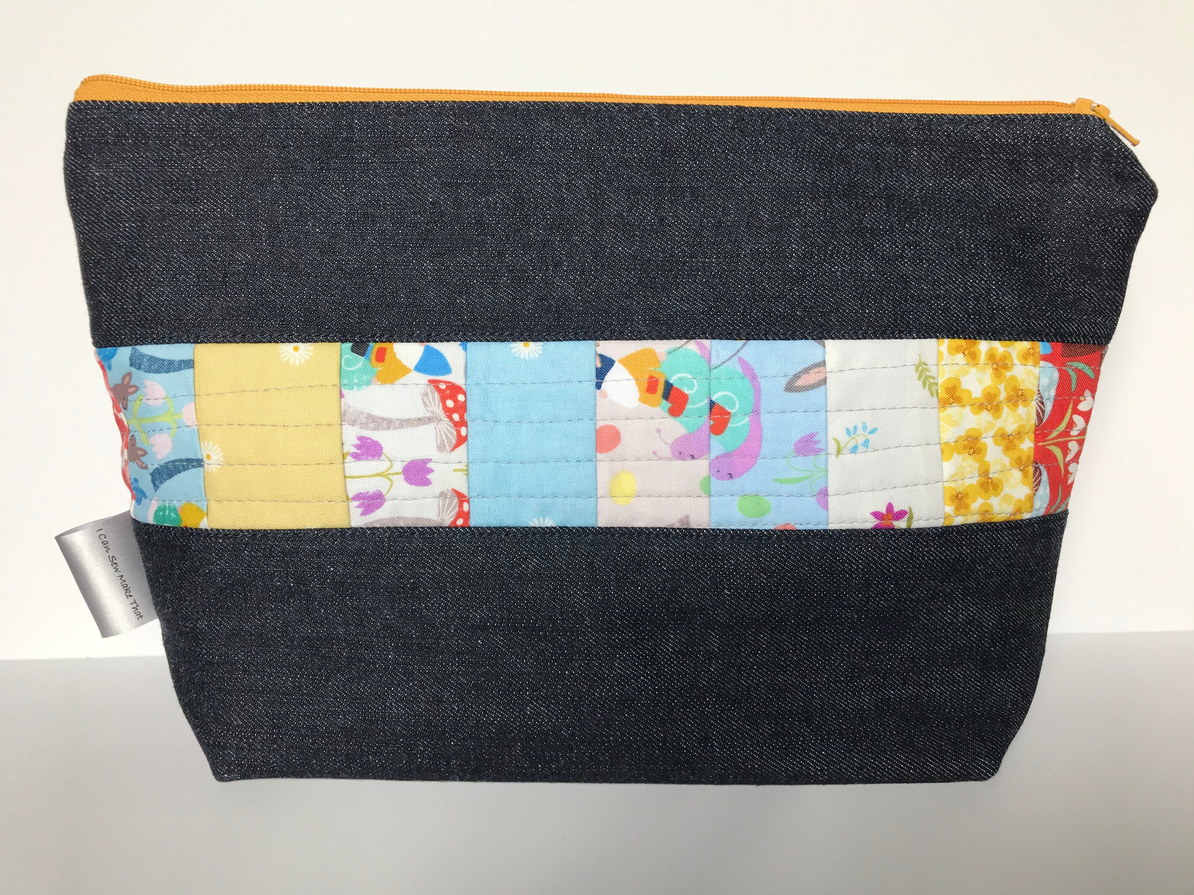 Denim - Small Zippered Project Bag - Gnomes & Mushrooms Quilted Fabric Panel