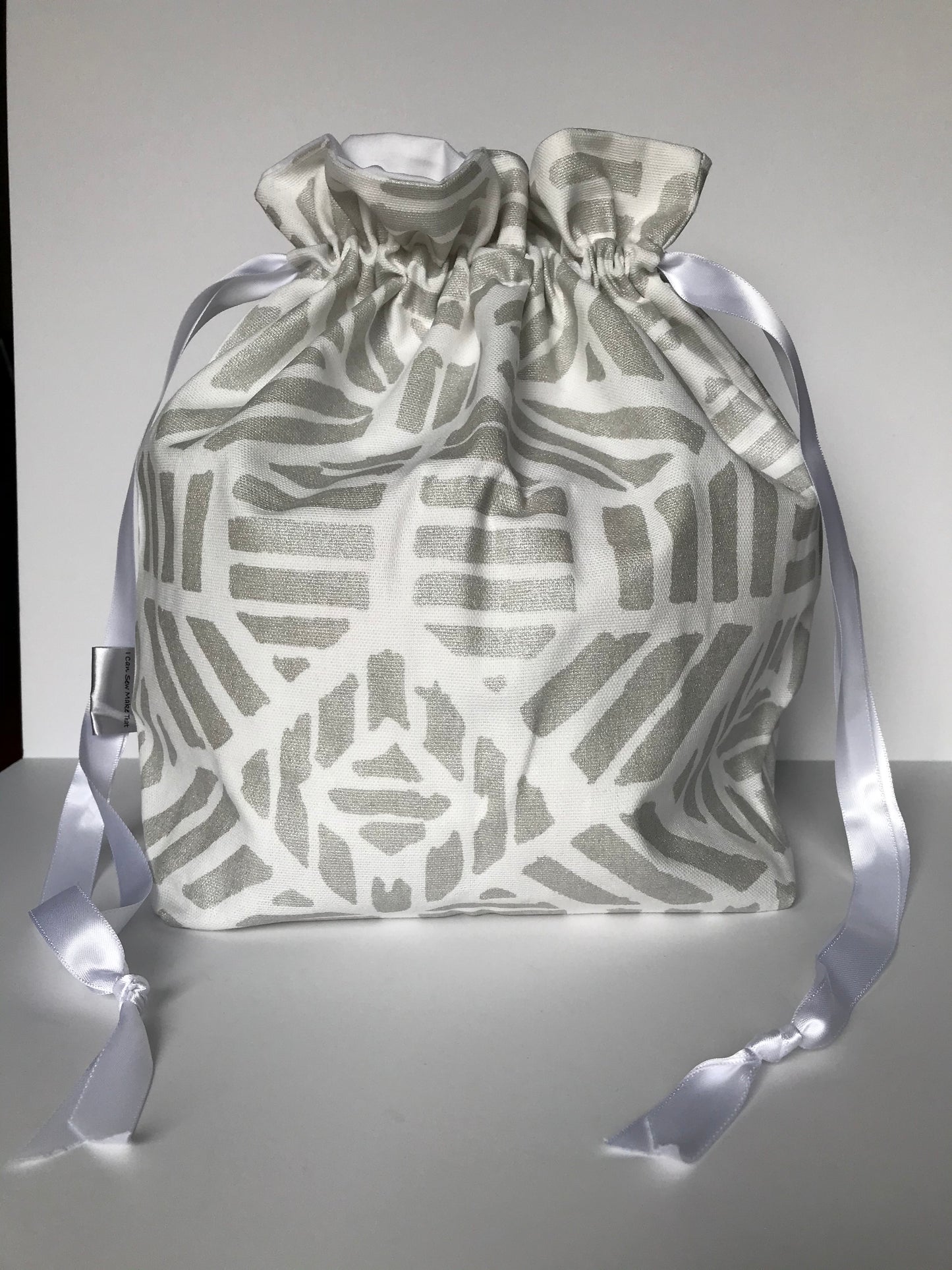 Large Drawstring Bag - White with silver geometrics