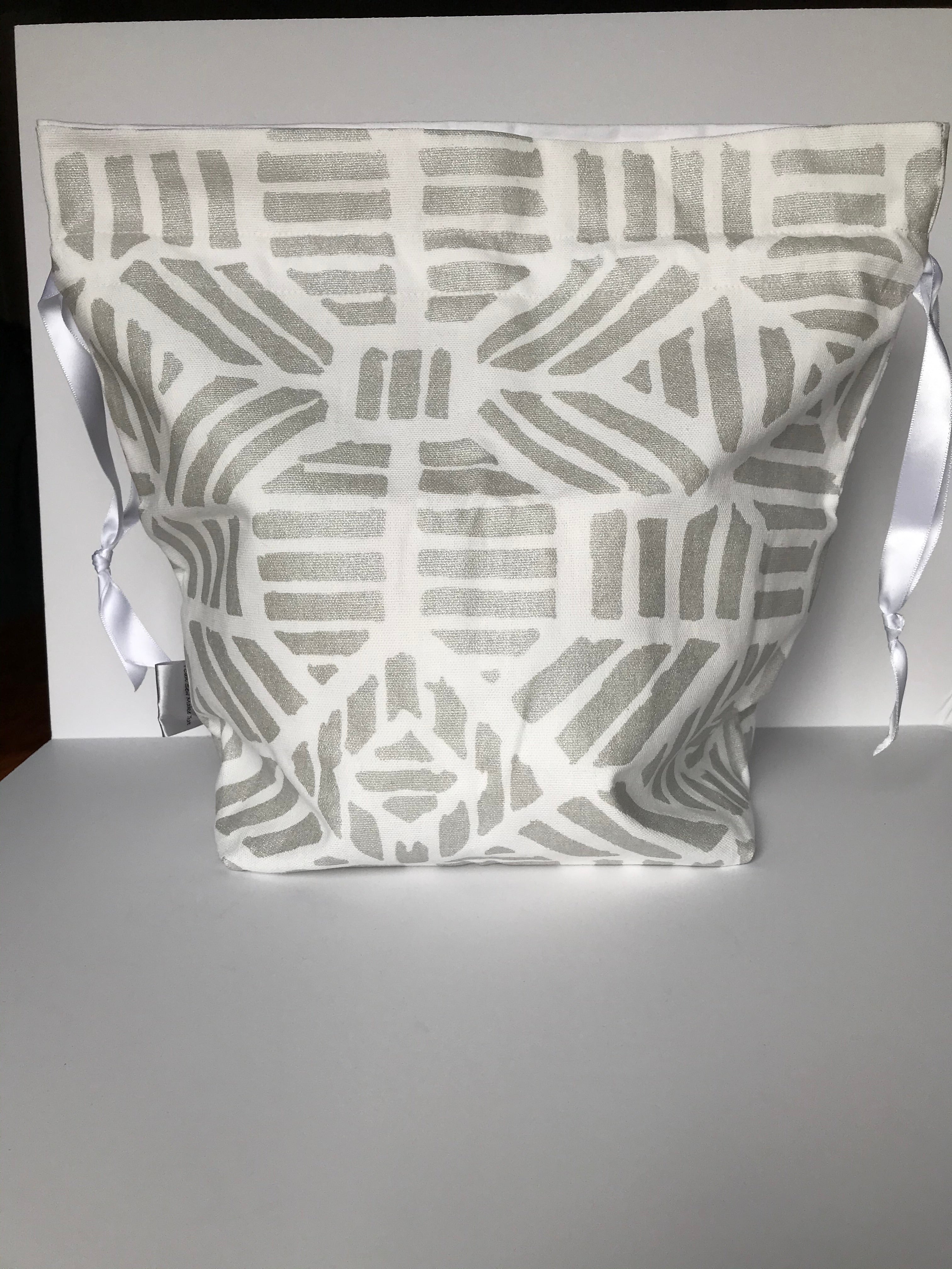 Large Drawstring Bag - White with silver geometrics