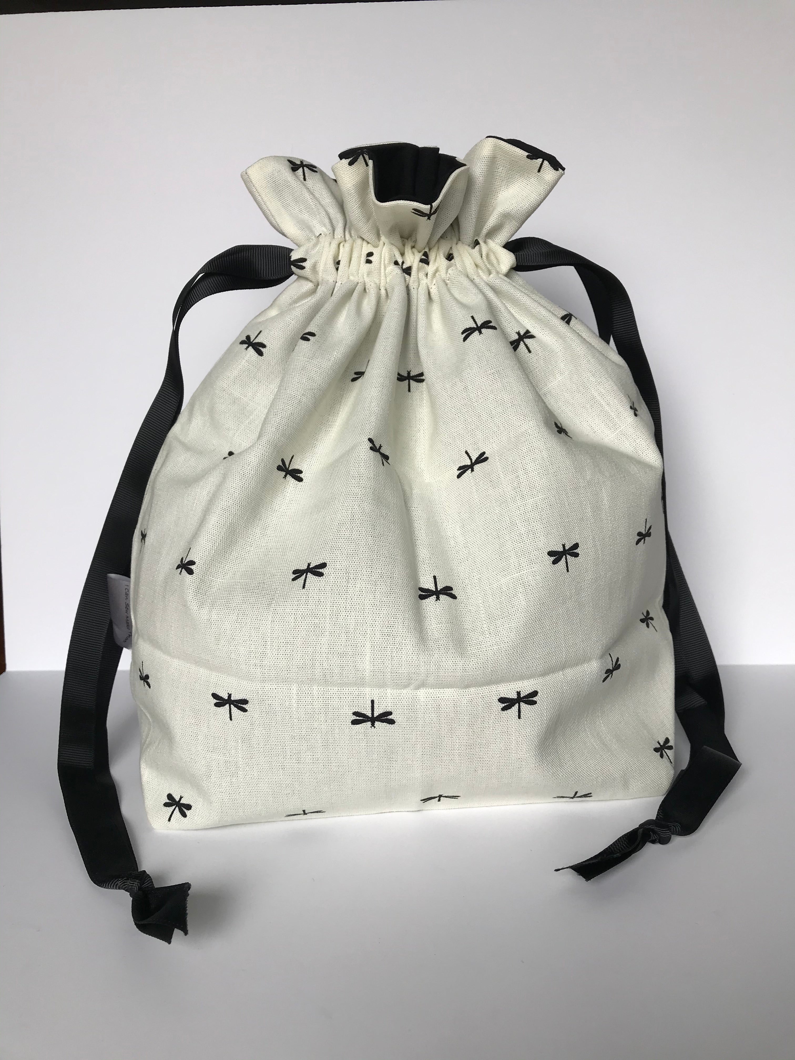 Large Drawstring Bag - Cream with dragonflies