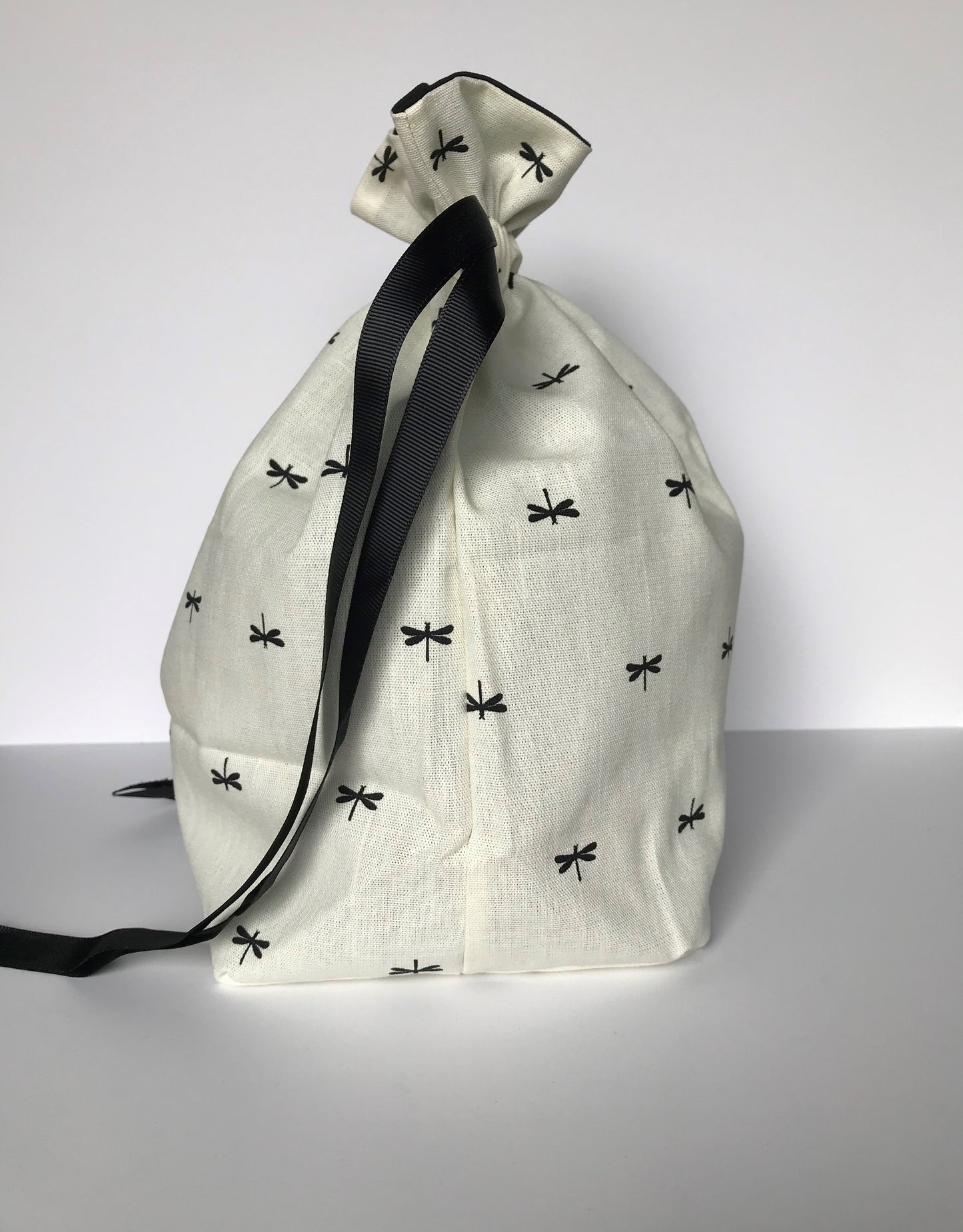 Large Drawstring Bag - Cream with dragonflies