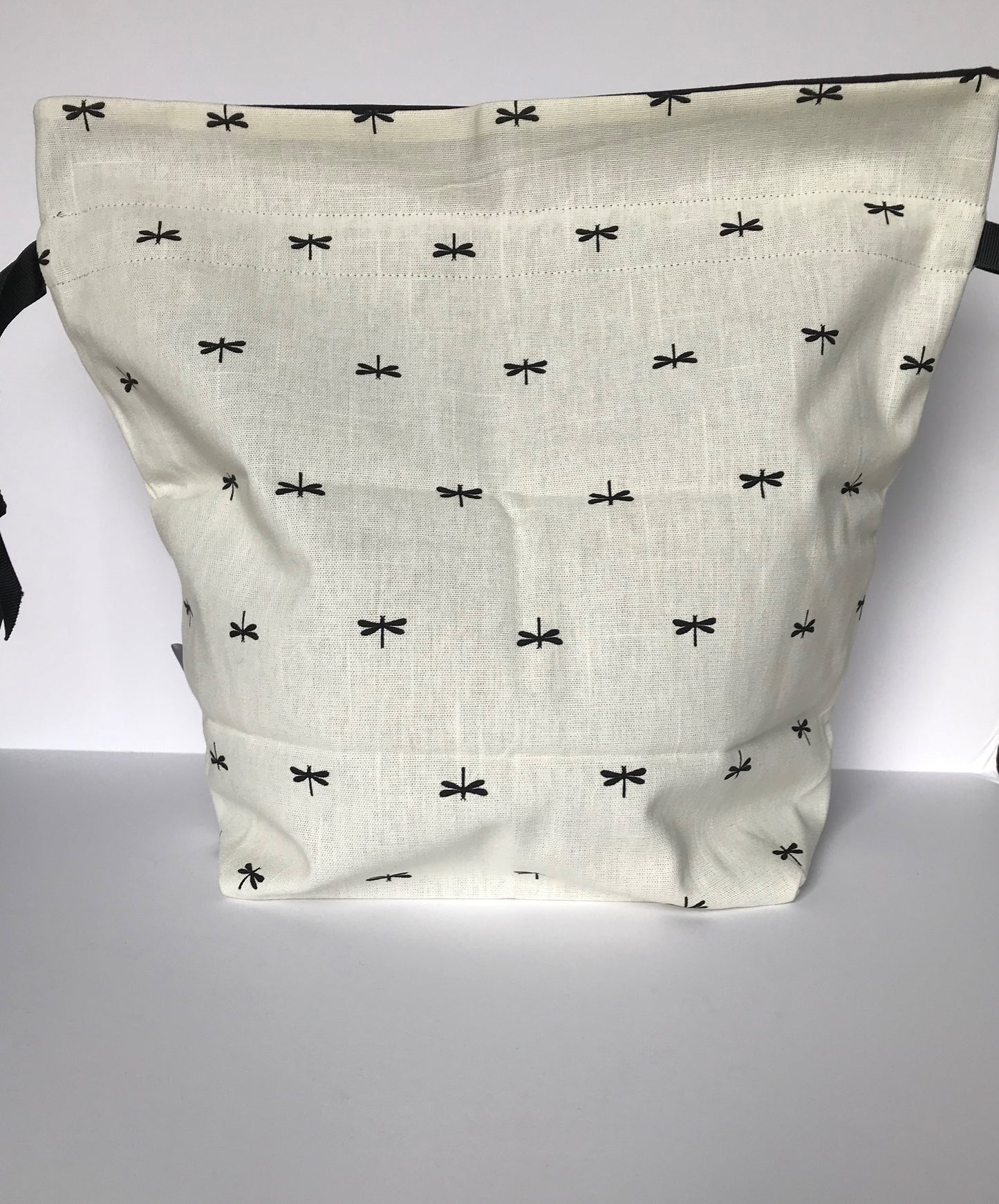 Large Drawstring Bag - Cream with dragonflies