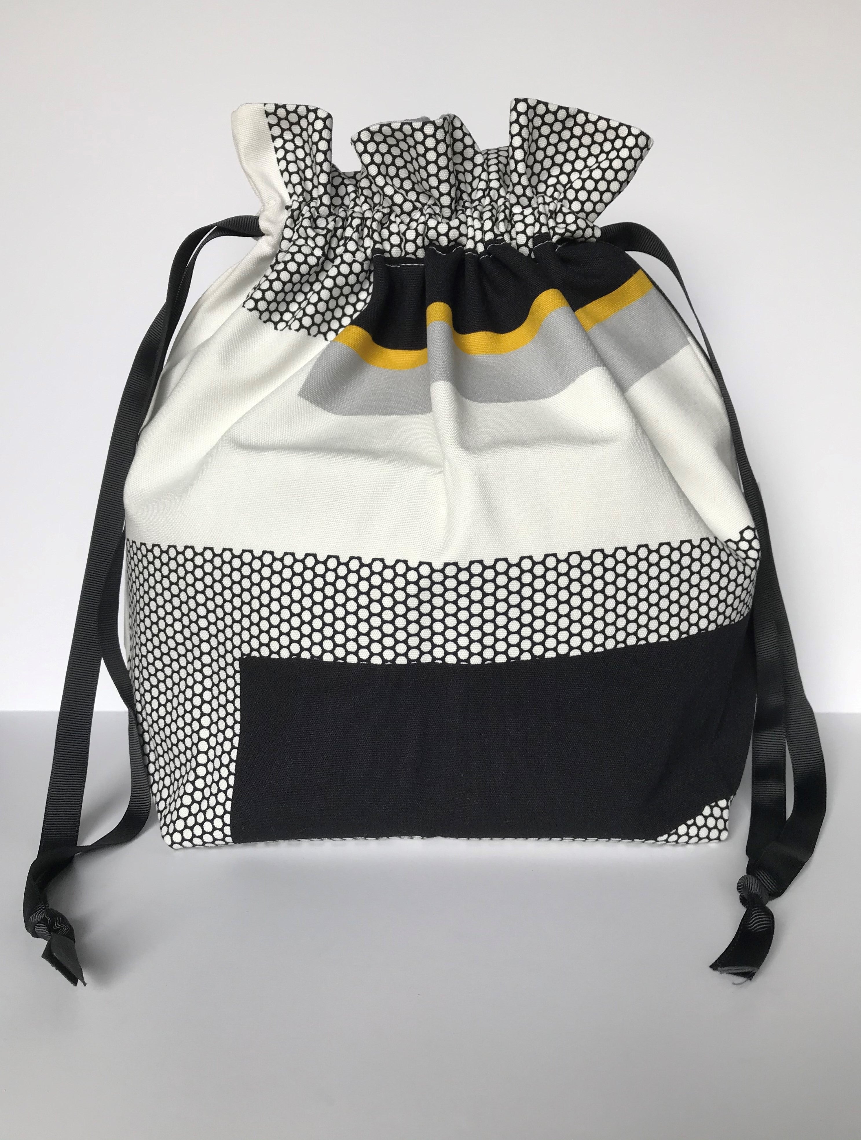 Large Drawstring Bag - white/black/yellow geometric