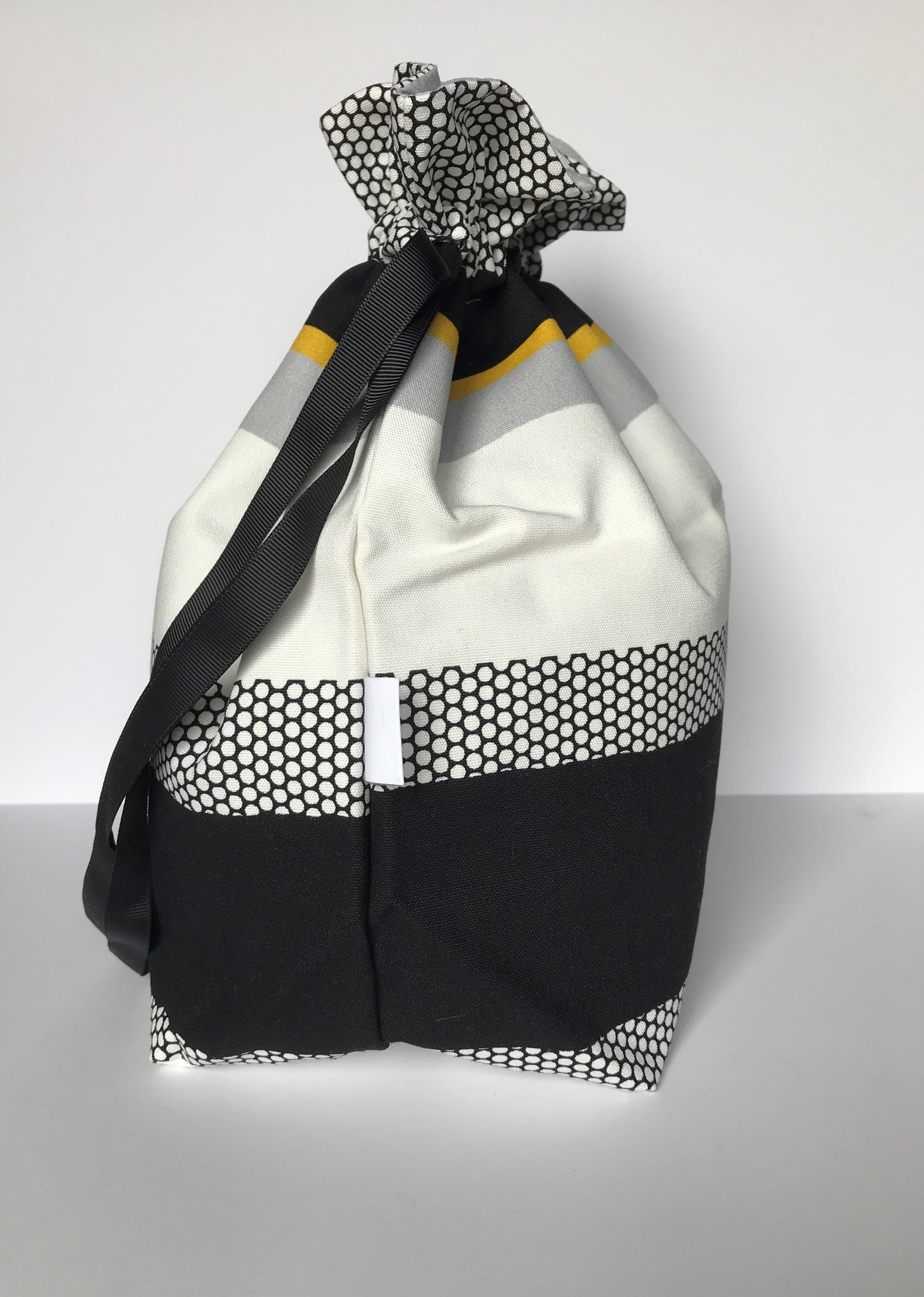 Large Drawstring Bag - white/black/yellow geometric