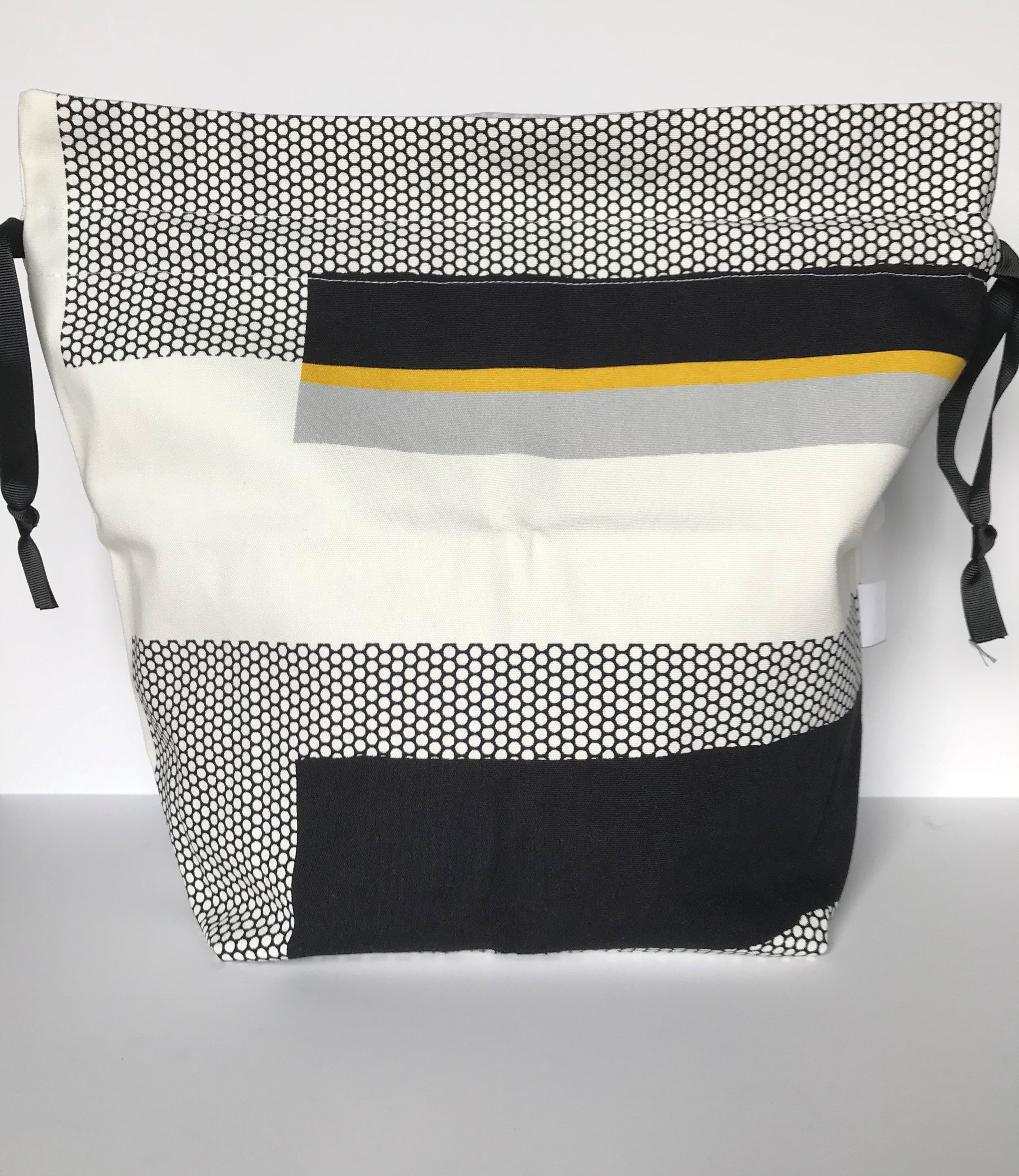 Large Drawstring Bag - white/black/yellow geometric