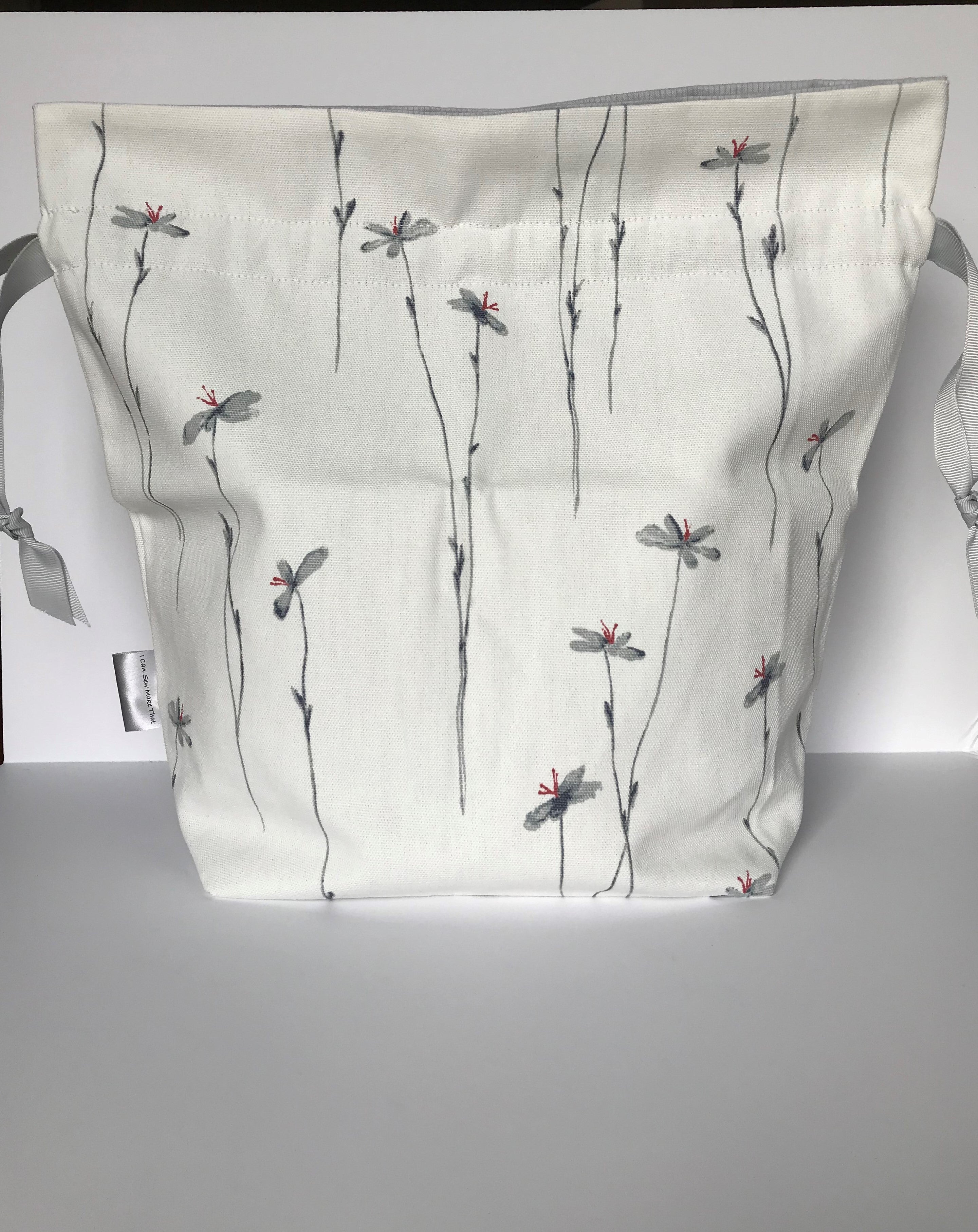 Large Drawstring Bag - white with floral design