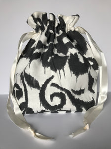 Large Drawstring Bag - White with grey floral design