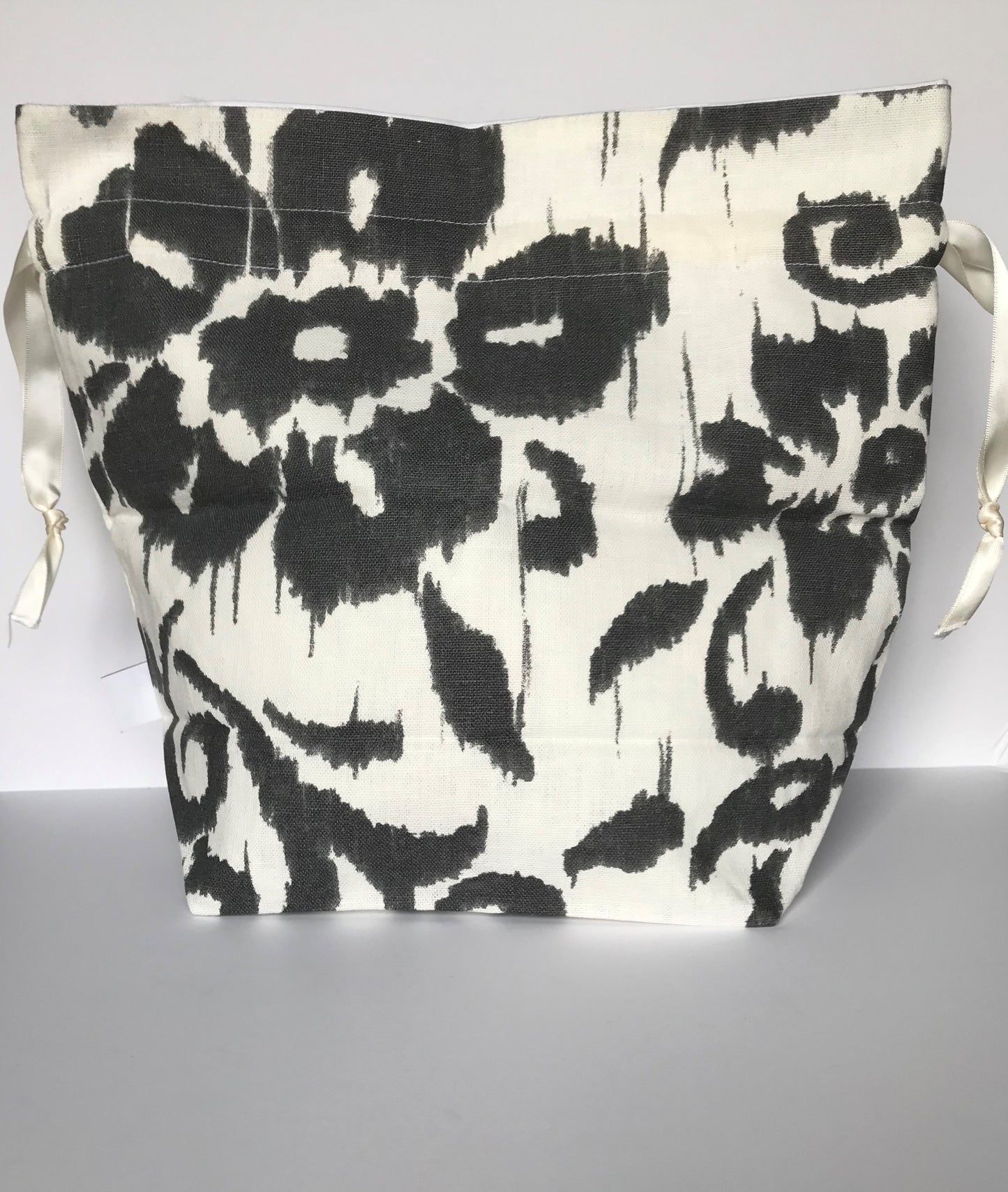 Large Drawstring Bag - White with grey floral design