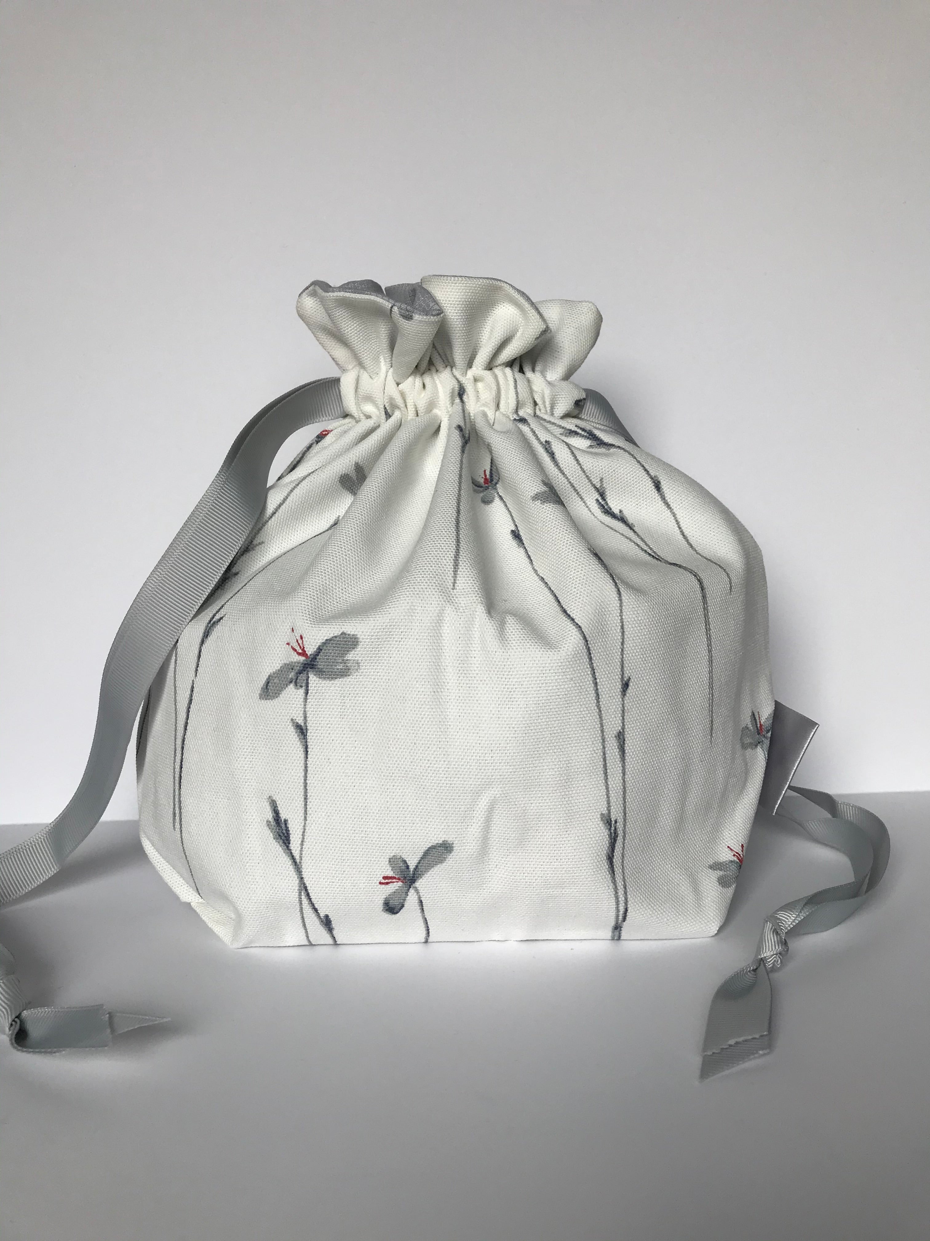 Small Drawstring Bag - White with floral design