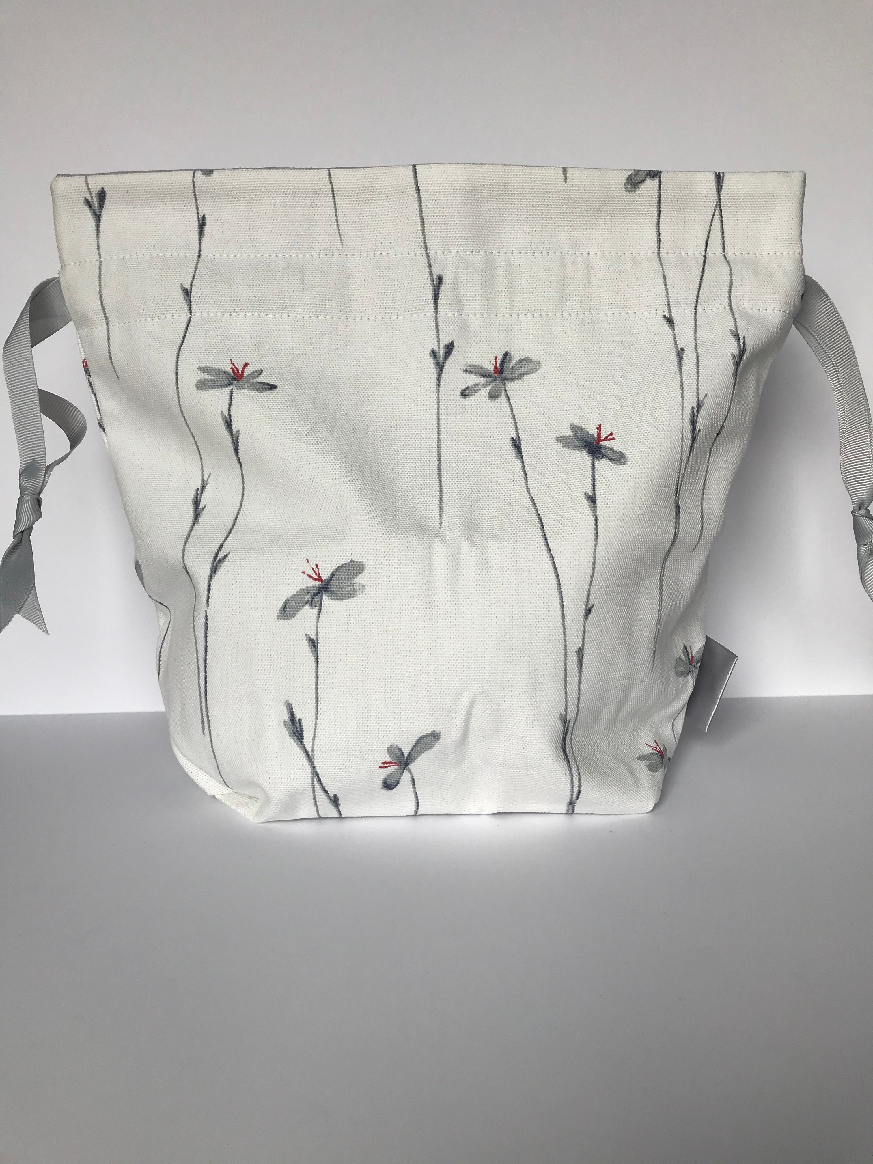 Small Drawstring Bag - White with floral design