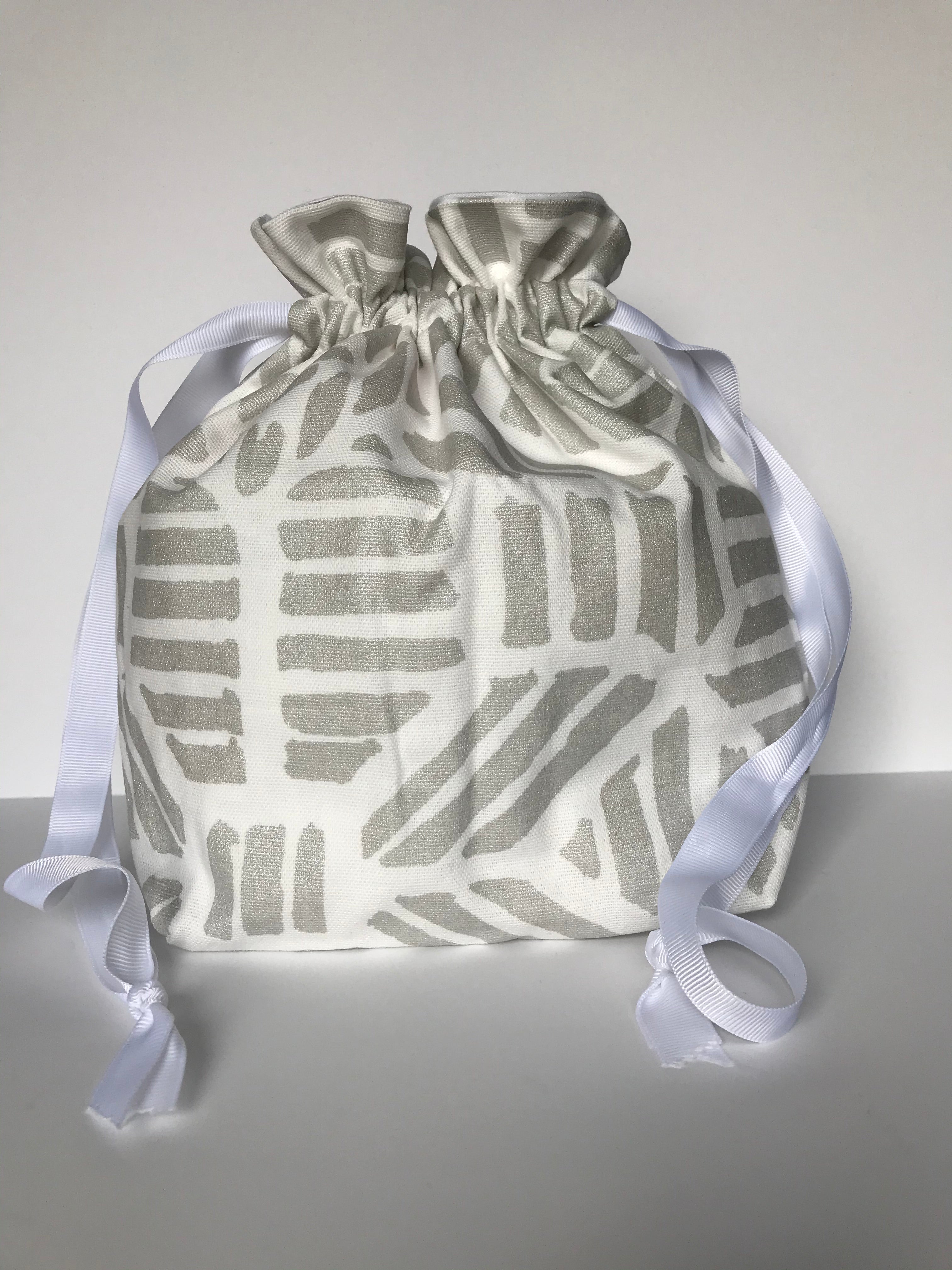 Small Drawstring Bag - White with silver geometrics