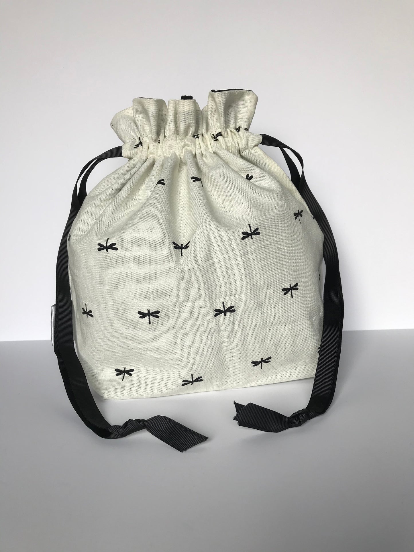 Small Drawstring Bag - Cream with dragonflies