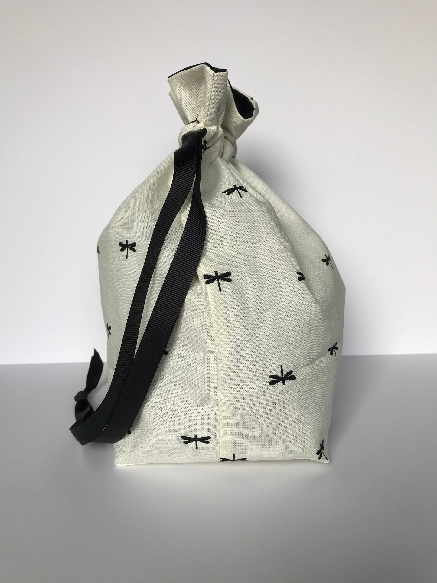 Small Drawstring Bag - Cream with dragonflies