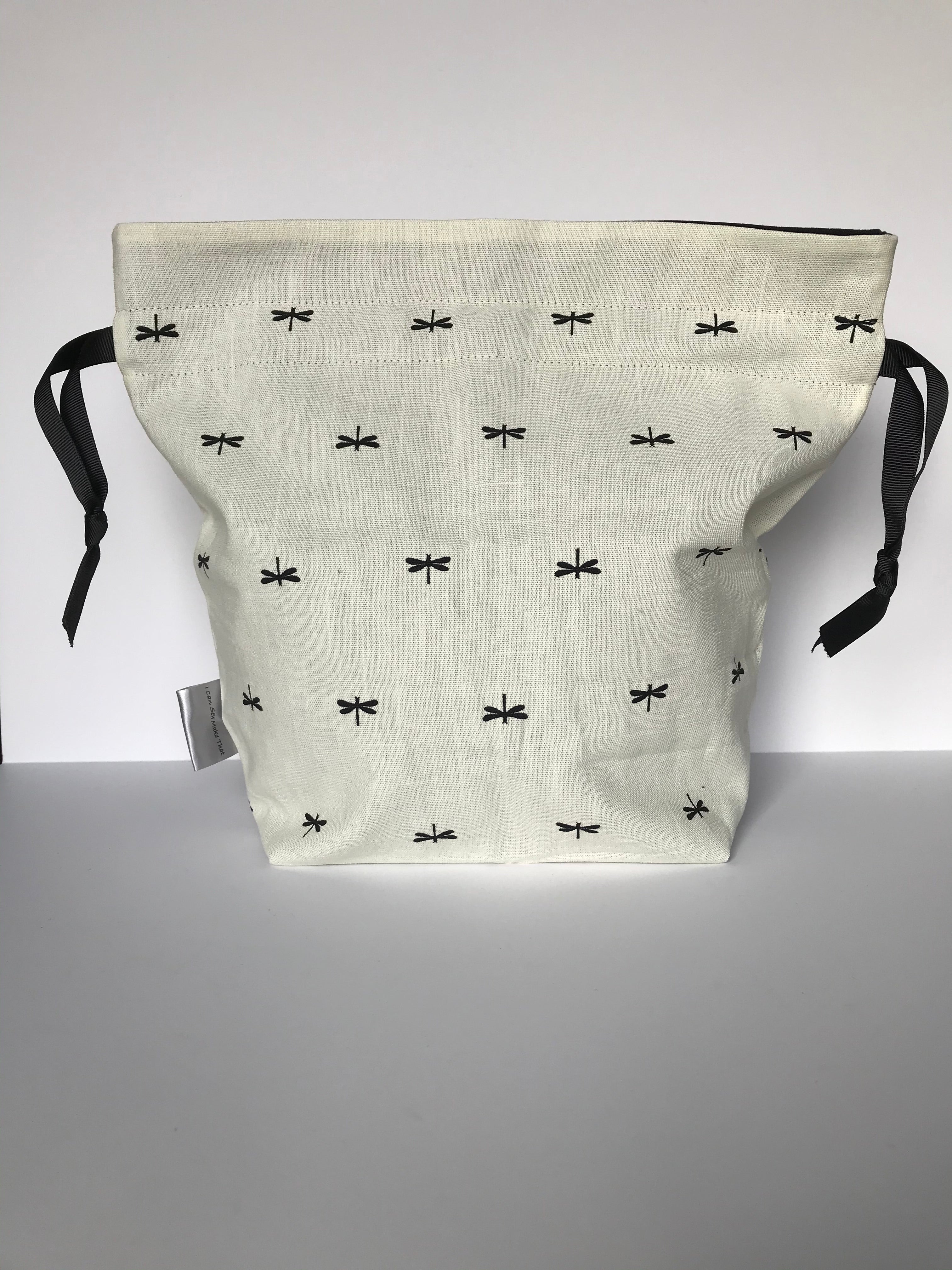 Small Drawstring Bag - Cream with dragonflies