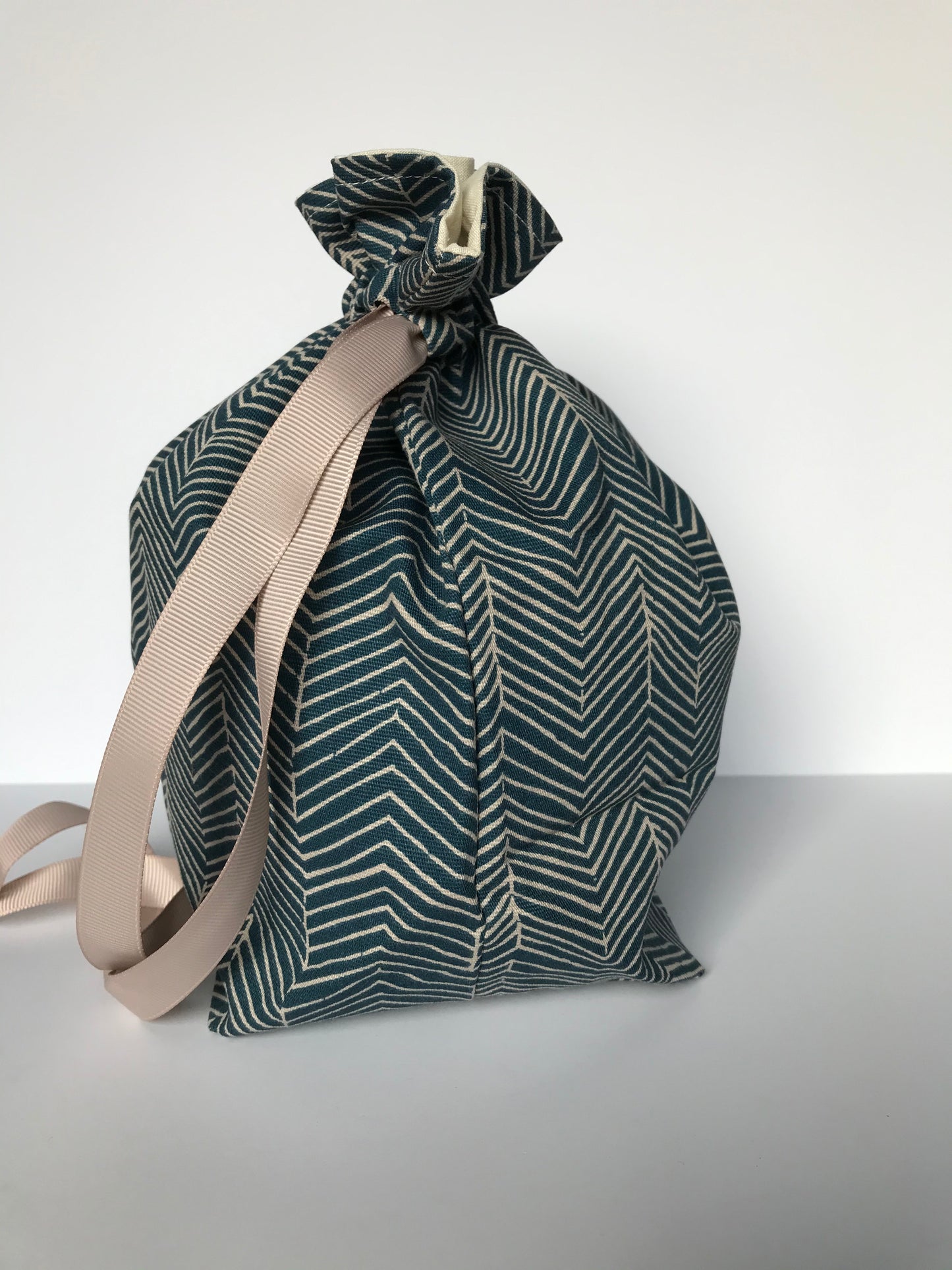 Small Drawstring Bag - Blue/tan herring bone pattern