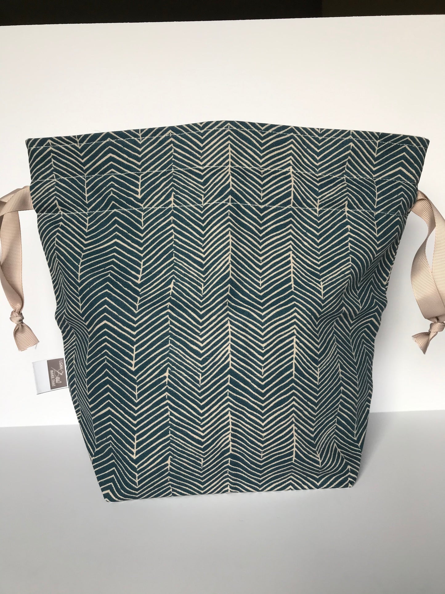 Small Drawstring Bag - Blue/tan herring bone pattern