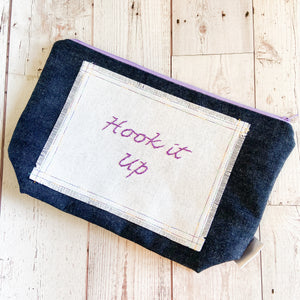 Denim - Small Hook it up Project Bag - White with Purple Embroidery