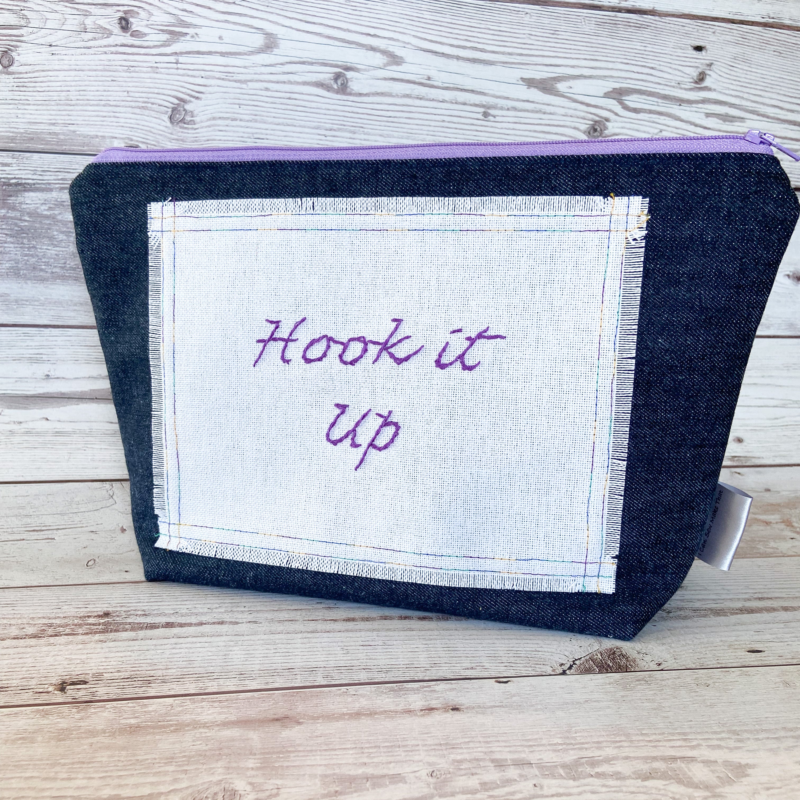 Denim - Small Hook it up Project Bag - White with Purple Embroidery
