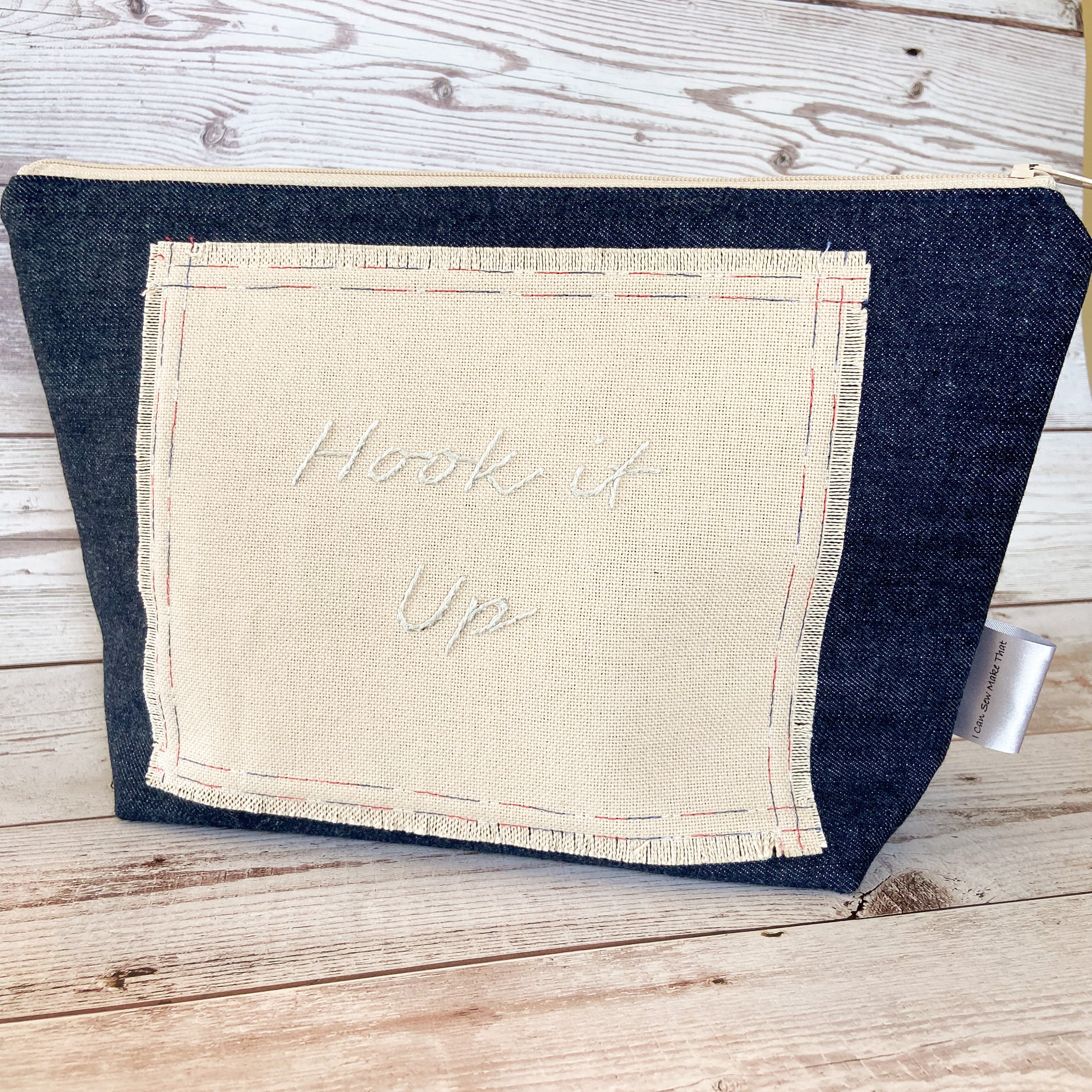 Denim - Small Hook it up Project Bag - Tan with Ecru Embroidery