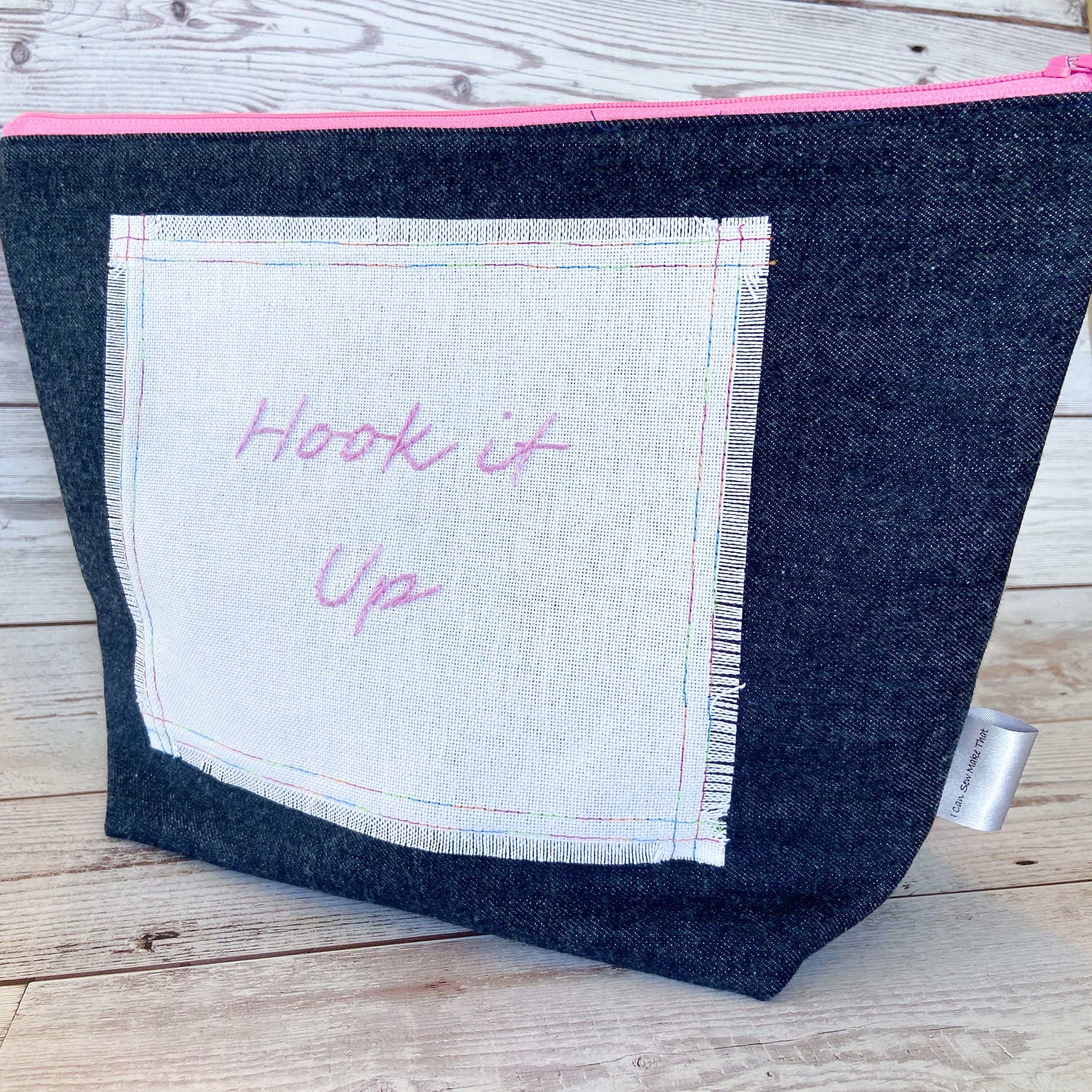 Denim - Large Hook it up Project Bag - White with Pink Embroidery