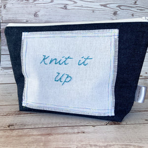 Denim - Small Knit it up Project Bag - White with Blue Embroidery