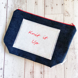 Large Knit it up Project Bag - White with Red Embroidery