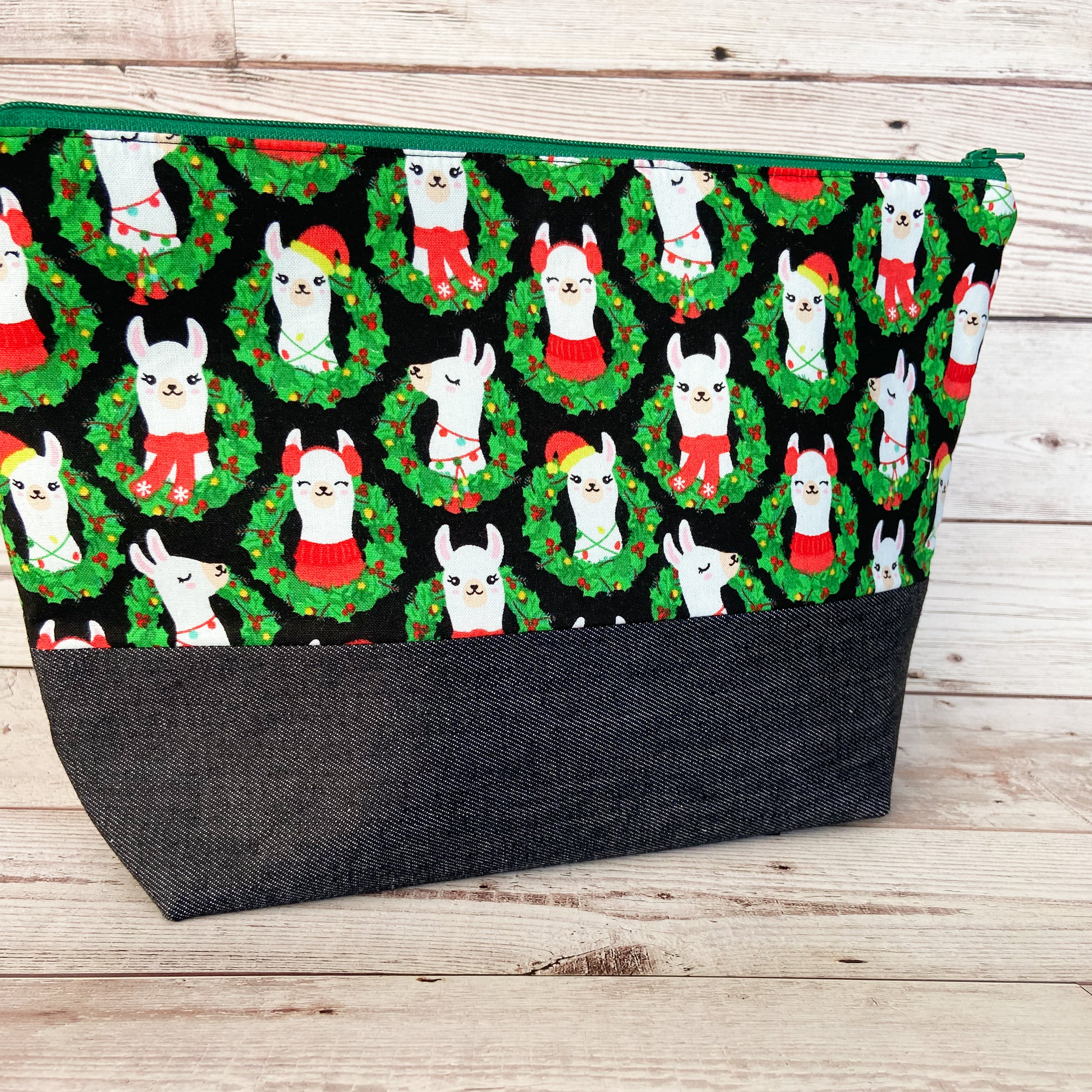 Denim - Small Zippered Project Bag - Llamas with Wreaths