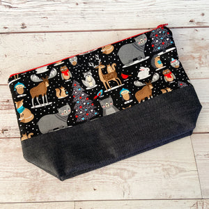 Denim - Small Zippered Project Bag - Woodland Christmas at Night