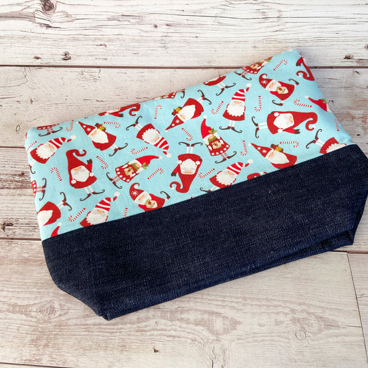 Denim - Small Zippered Project Bag - Santa Gnomes & Candy Canes