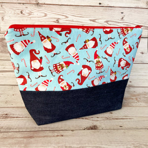 Denim - Small Zippered Project Bag - Santa Gnomes & Candy Canes