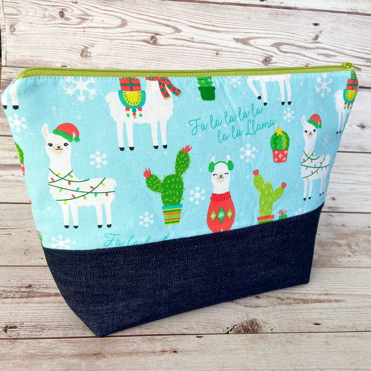 Denim - Small Zippered Project Bag - Fa La La La Llamas