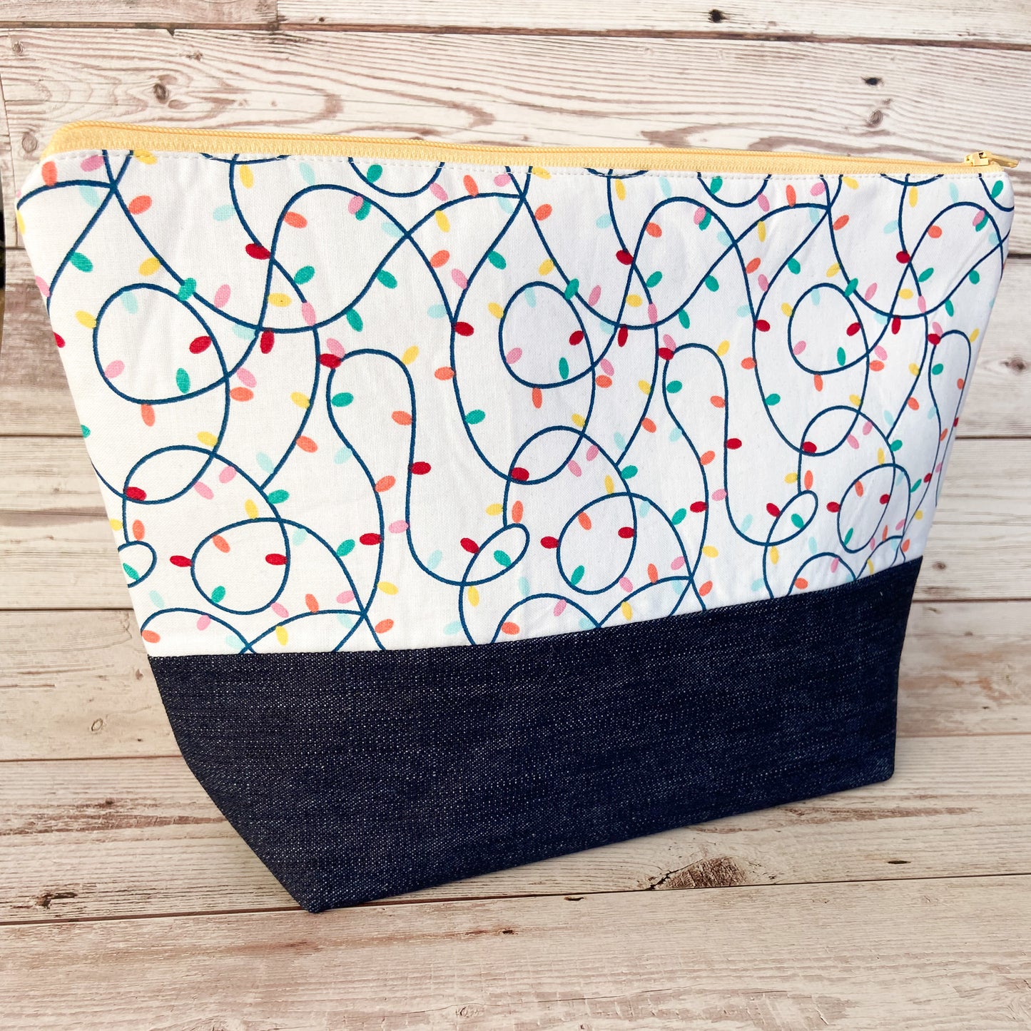 Denim - Small Zippered Project Bag - Tangled Christmas Lights