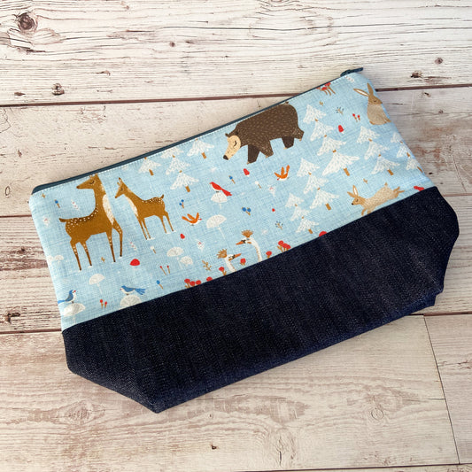 Denim - Small Zippered Project Bag - Winter Woodland Critters