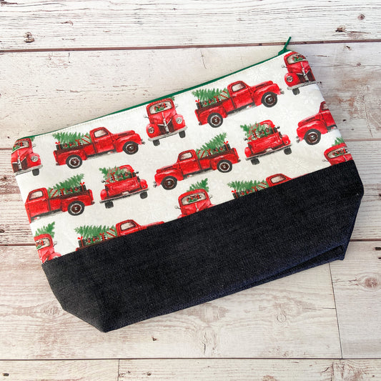 Denim - Small Zippered Project Bag - Classic Red Truck with Trees