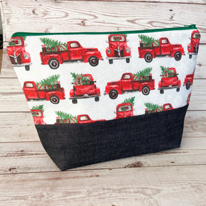 Denim - Small Zippered Project Bag - Classic Red Truck with Trees