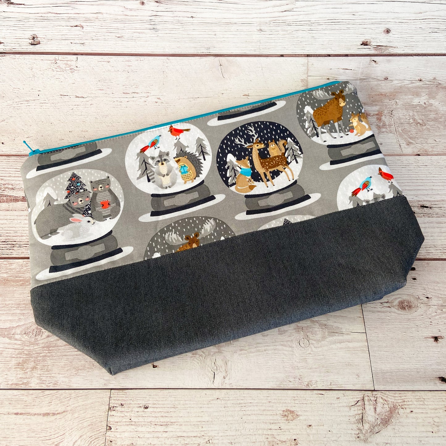 Denim - Small Zippered Project Bag - Grey Woodland Snow globes