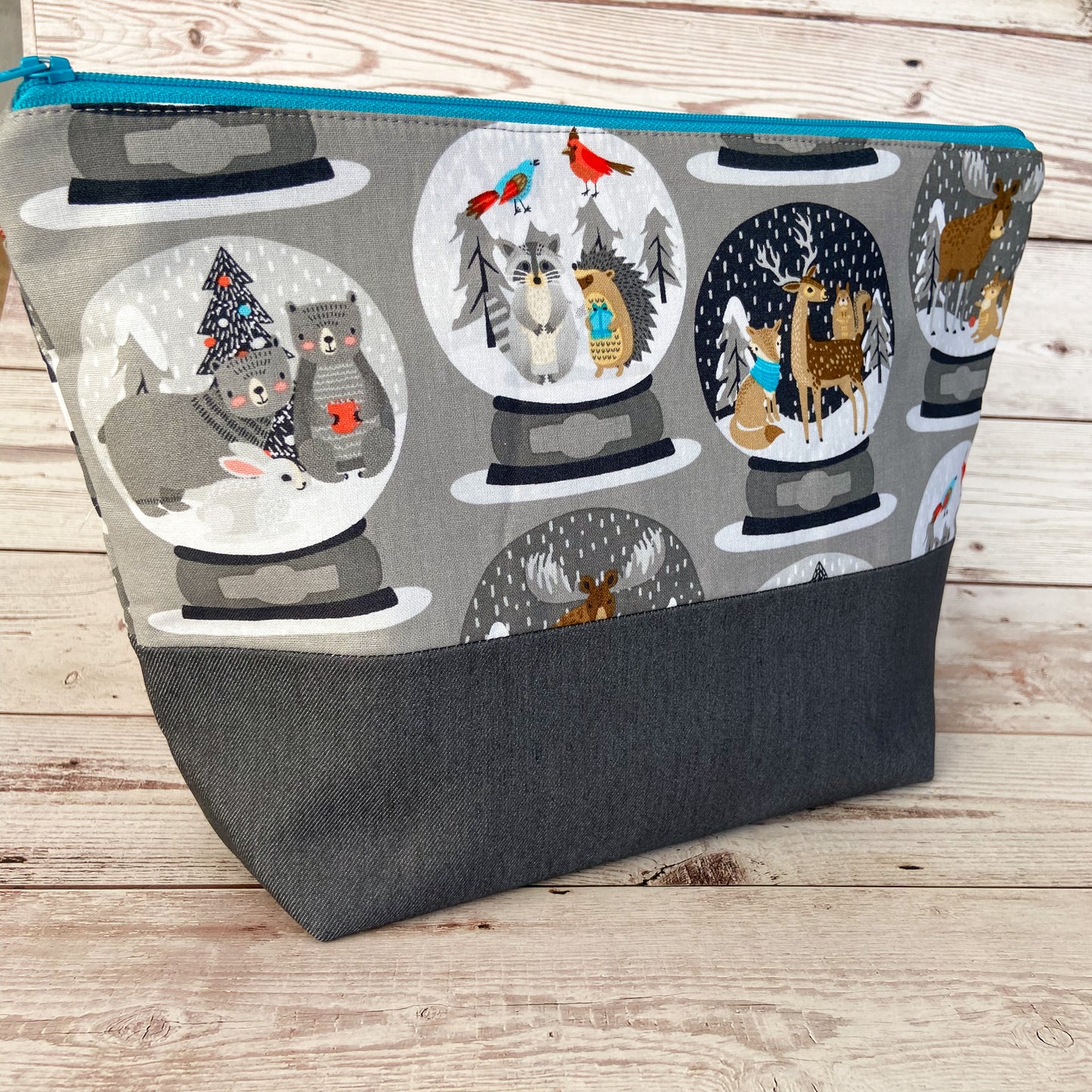 Denim - Small Zippered Project Bag - Grey Woodland Snow globes