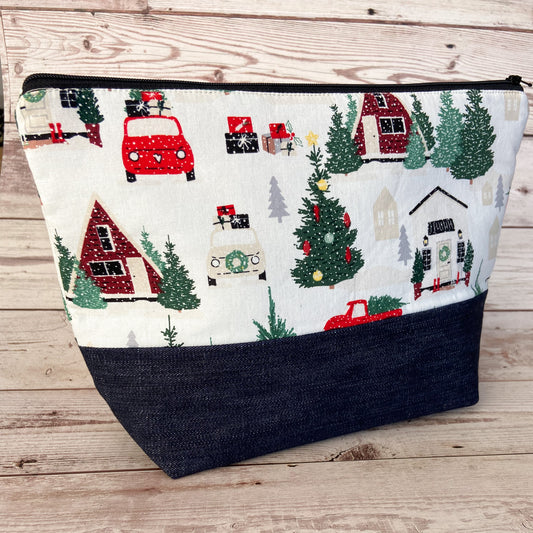 Denim - Small Zippered Project Bag - Going to the Cottage for Christmas