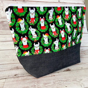 Denim - Large Zippered Project Bag - Llamas with Wreaths