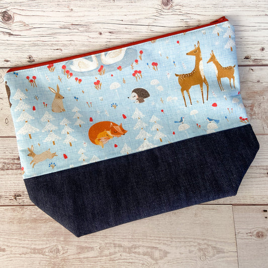 Denim - Large Zippered Project Bag - Winter Woodland Critters