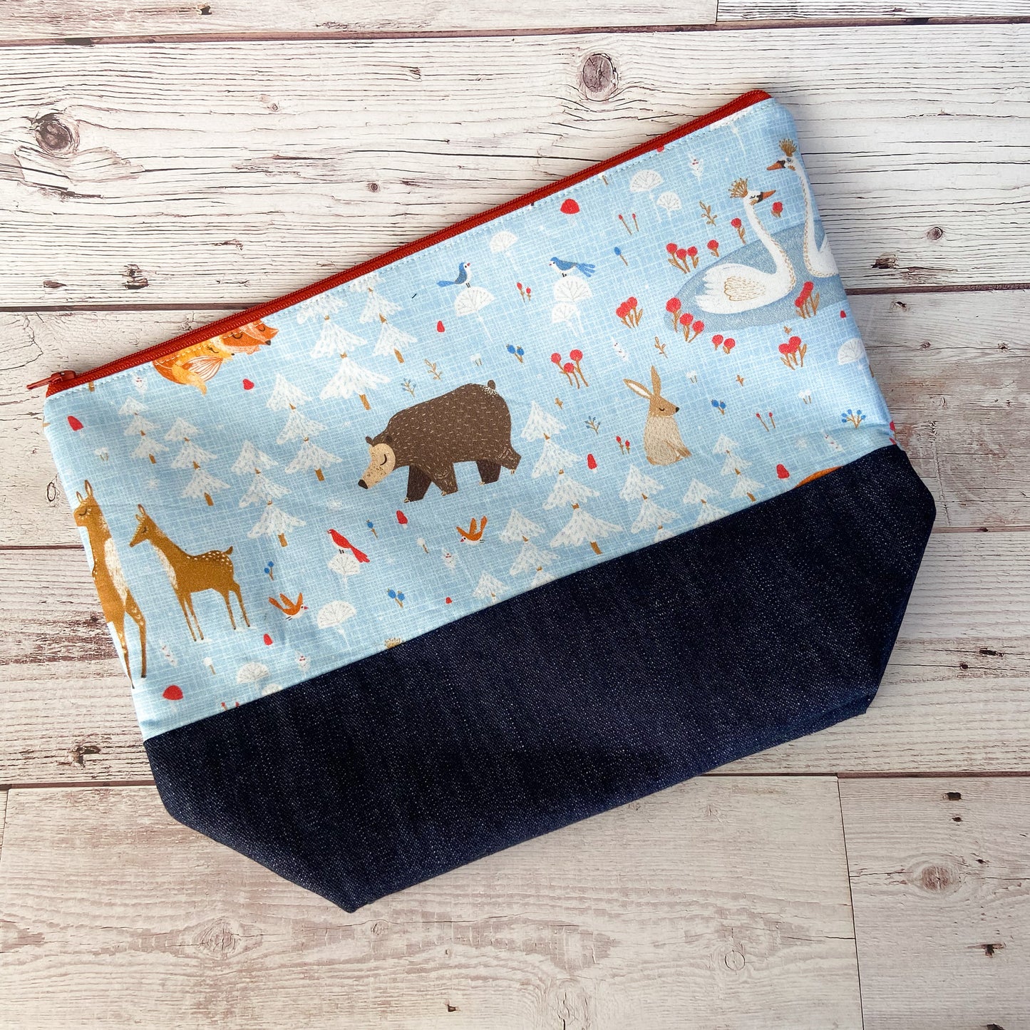 Denim - Large Zippered Project Bag - Winter Woodland Critters