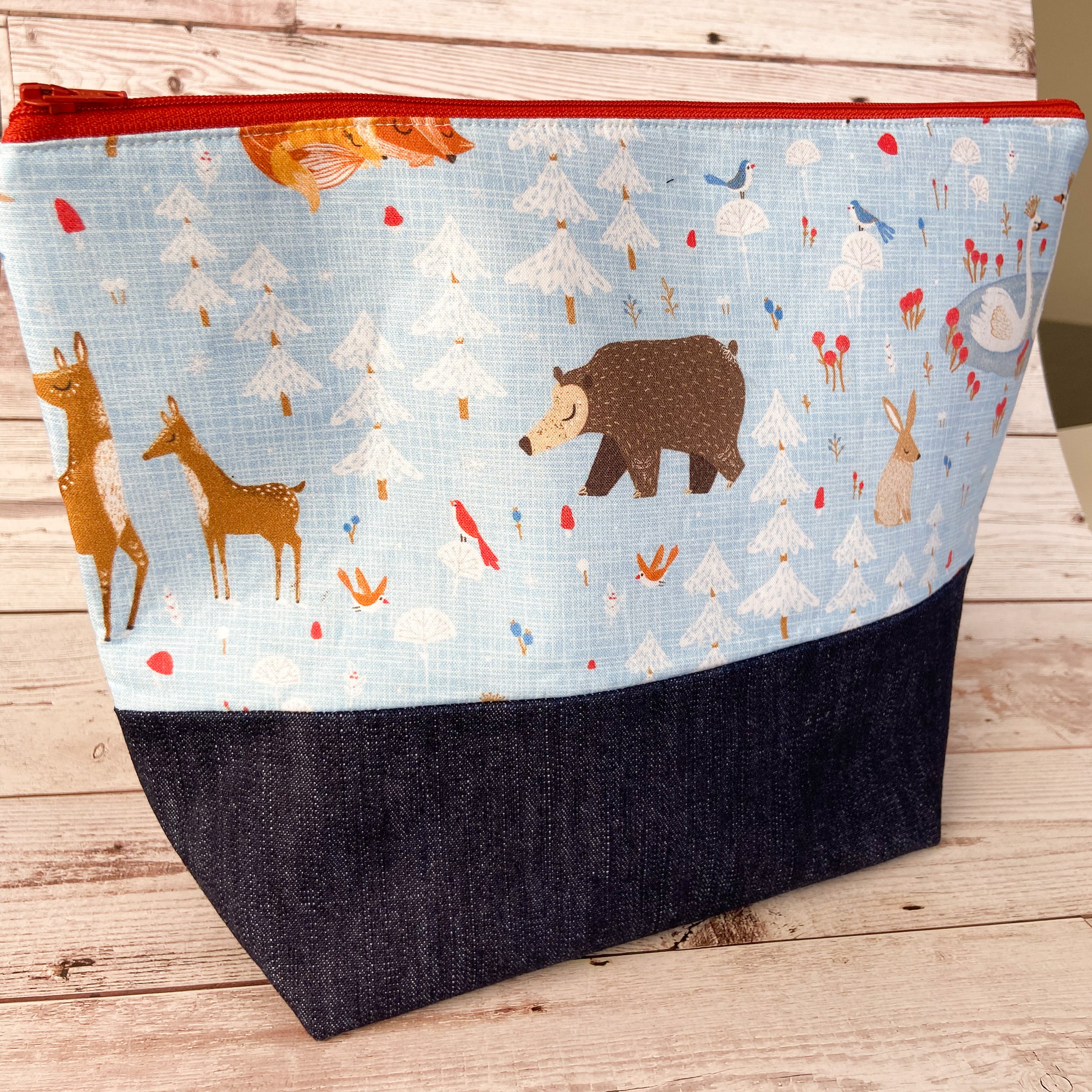 Denim - Large Zippered Project Bag - Winter Woodland Critters