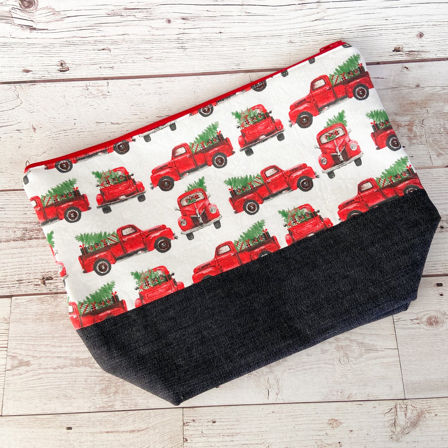 Denim - Shawl Zippered Project Bag - Classic Red Truck with Trees