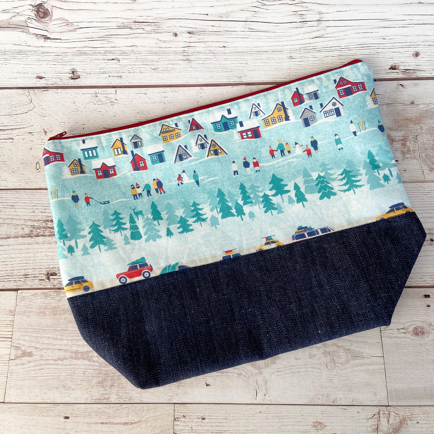 Denim - Large Zippered Project Bag - Swiss Alpine Scene