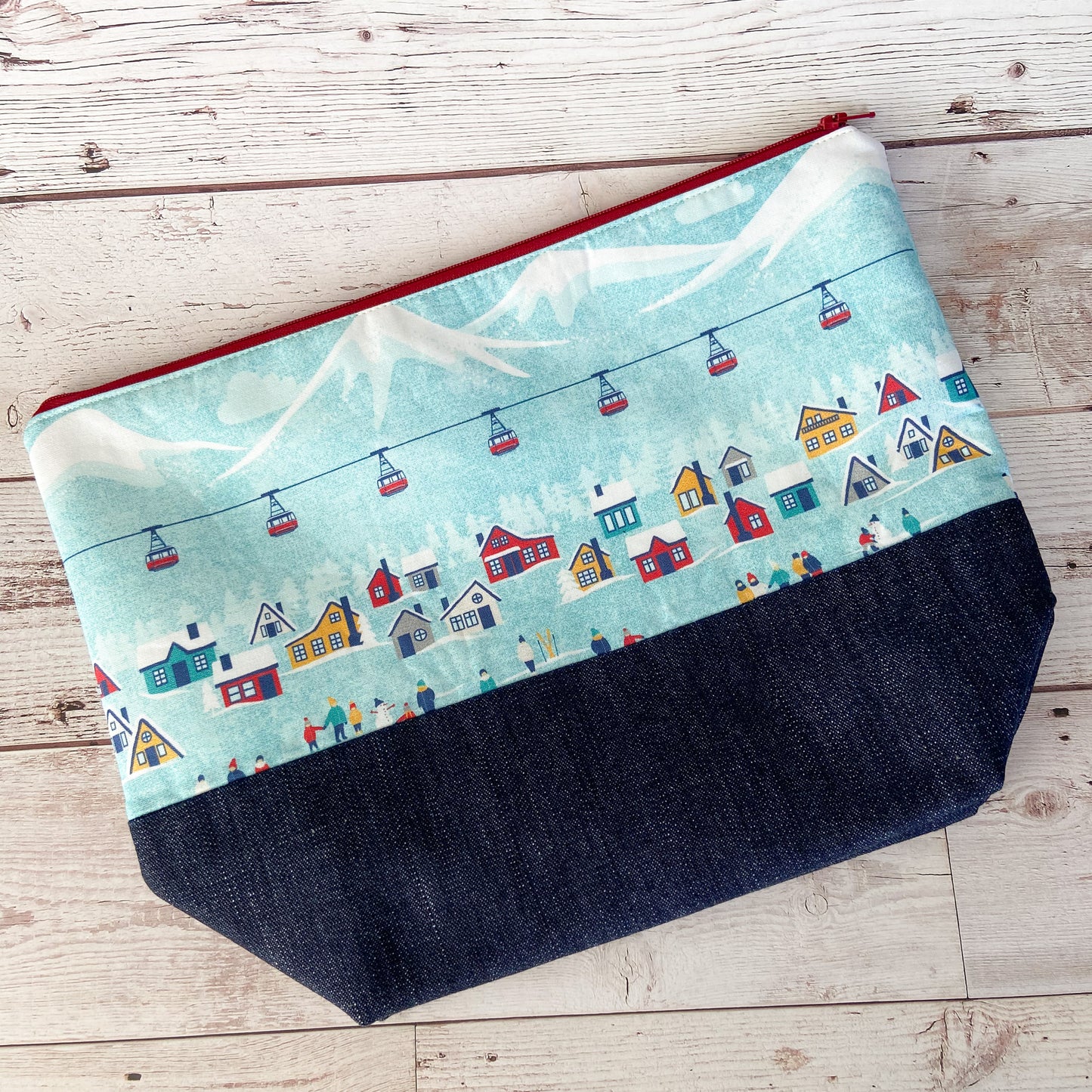 Denim - Large Zippered Project Bag - Swiss Alpine Scene