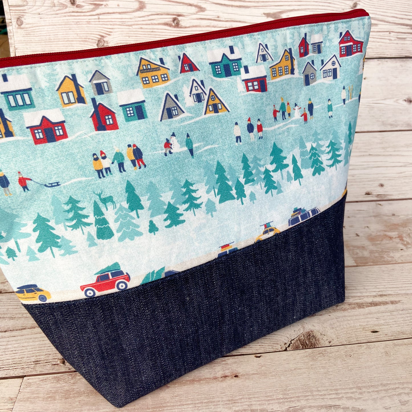 Denim - Large Zippered Project Bag - Swiss Alpine Scene