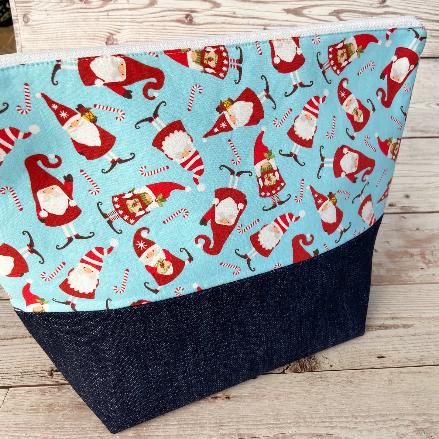 Denim - Large Zippered Project Bag - Santa Gnomes & Candy Canes