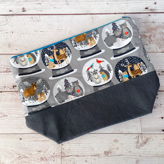 Denim - Large Zippered Project Bag - Grey Woodland Snow Globes