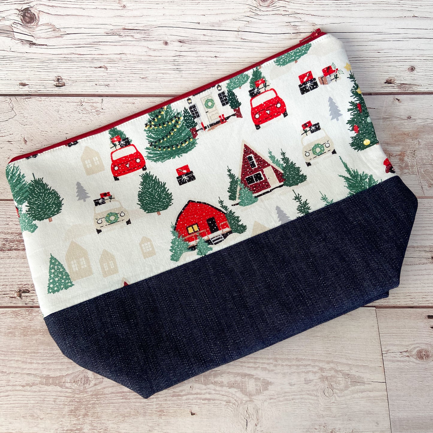 Denim - Large Zippered Project Bag - Going to the Cottage for Christmas