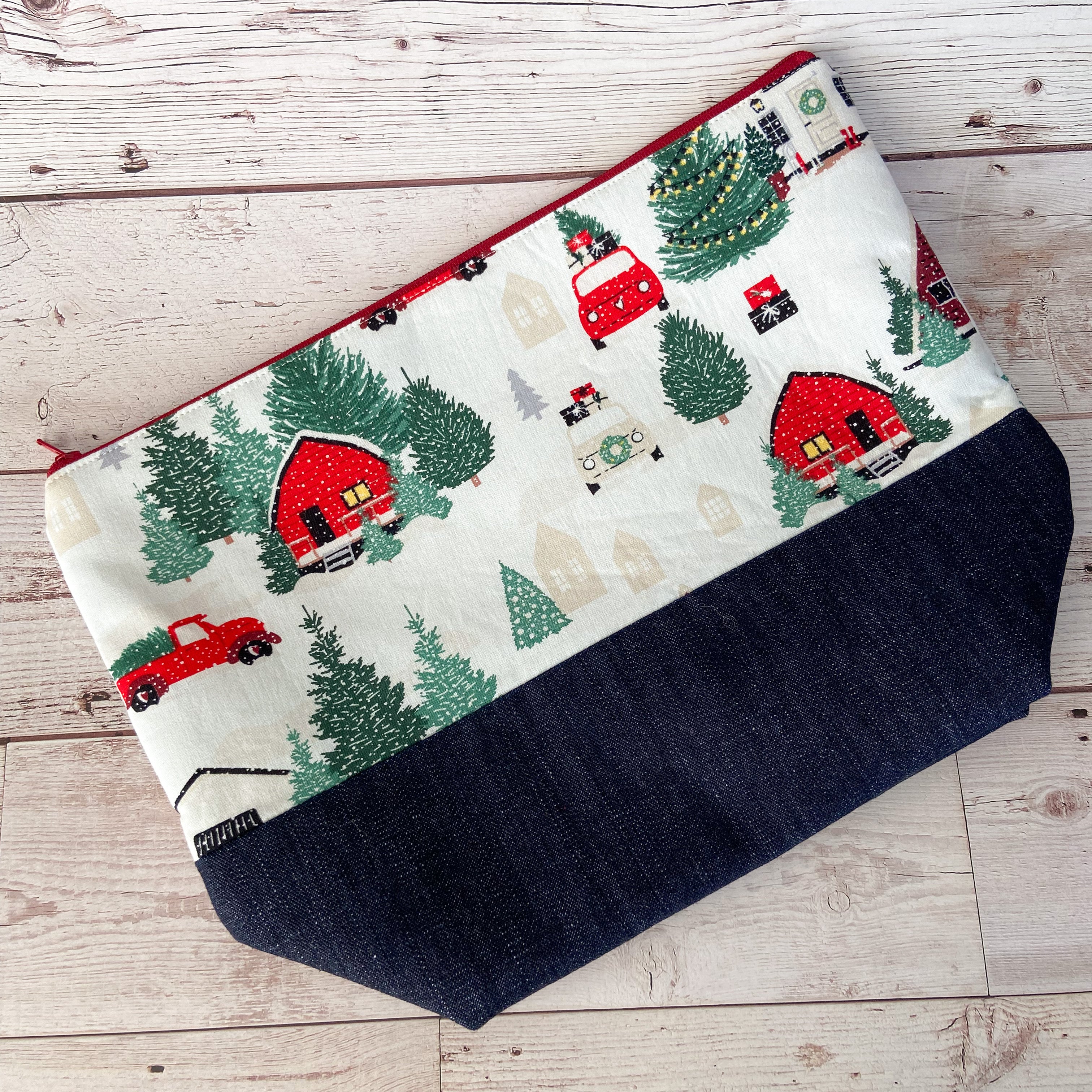 Denim - Large Zippered Project Bag - Going to the Cottage for Christmas